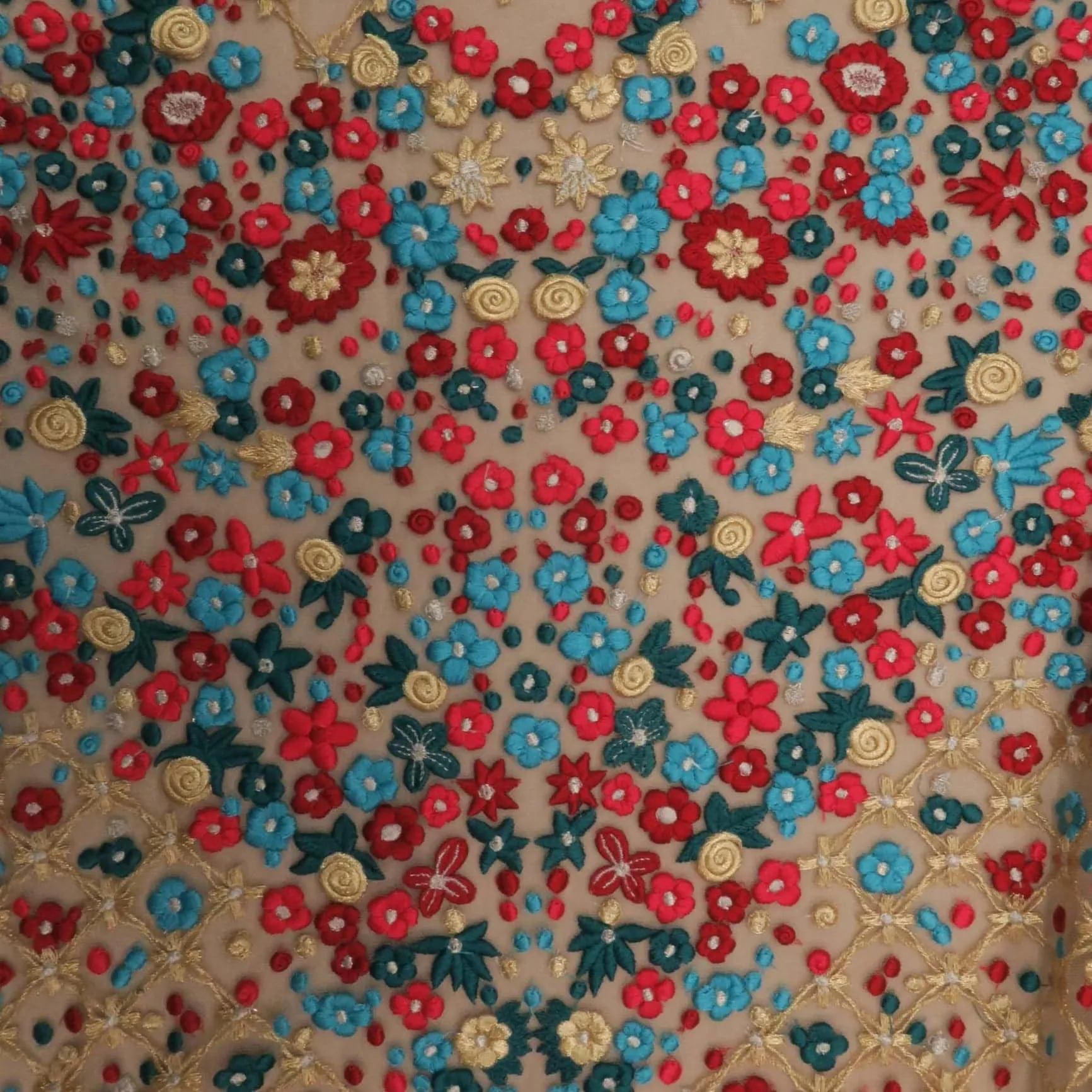 Blue and Red Floral on Nude Embroidered Tulle Fabric