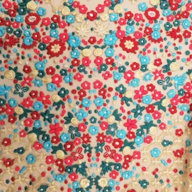 Blue and Red Floral on Nude Embroidered Tulle Fabric