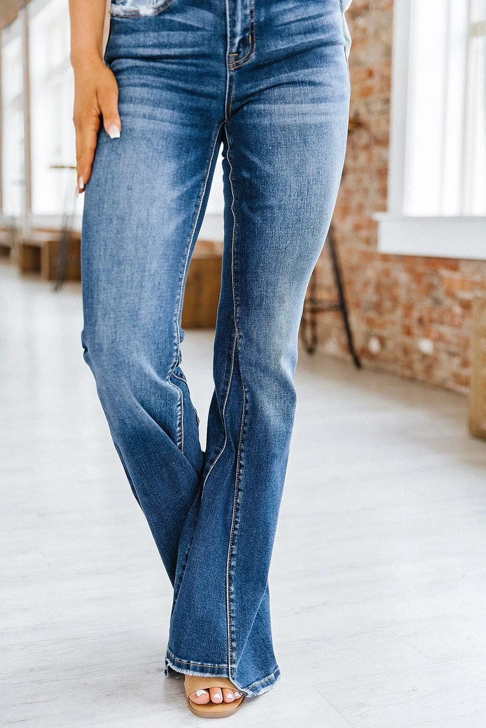 Blue Medium Wash High Rise Flare Jeans