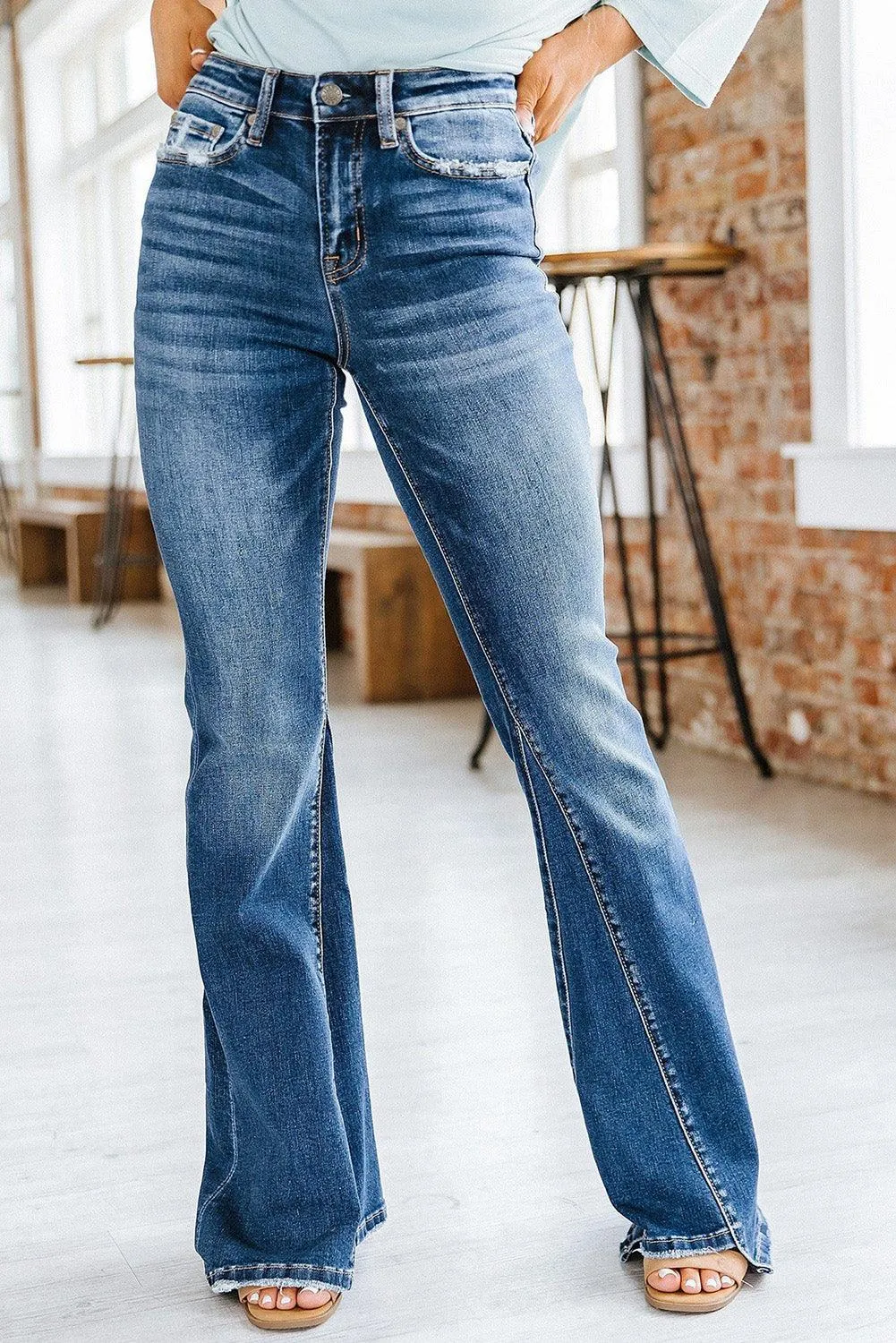 Blue Medium Wash High Rise Flare Jeans