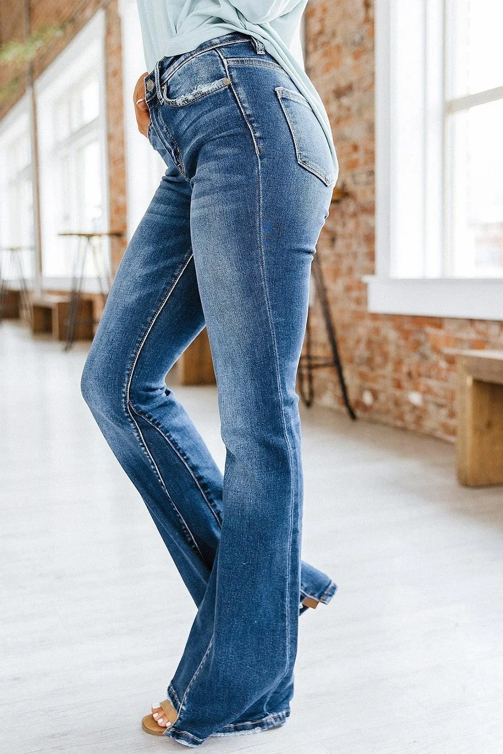 Blue Medium Wash High Rise Flare Jeans