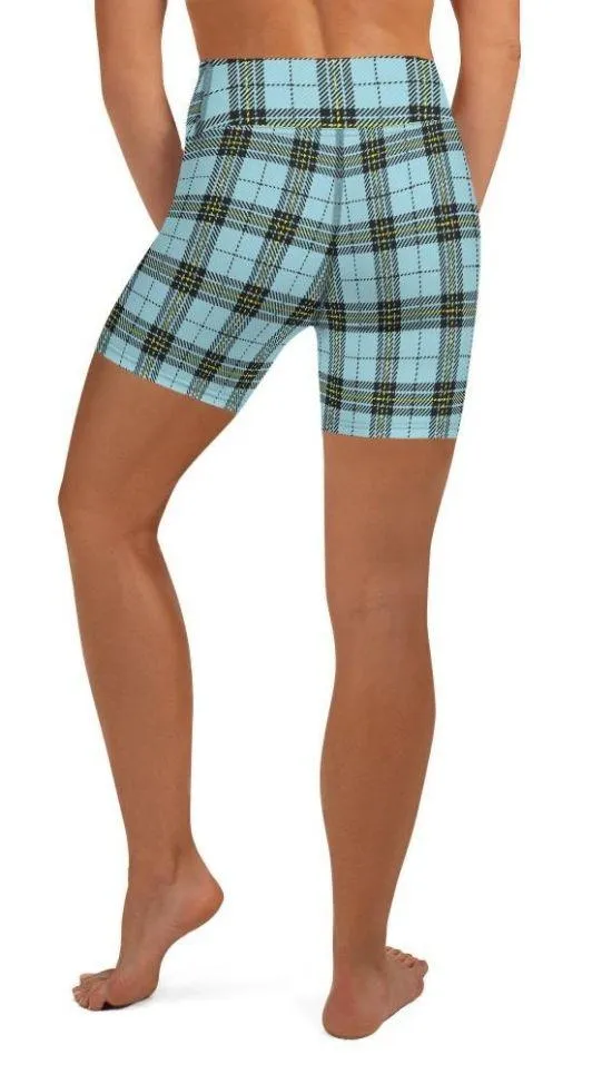 Blue Plaid Print Yoga Shorts