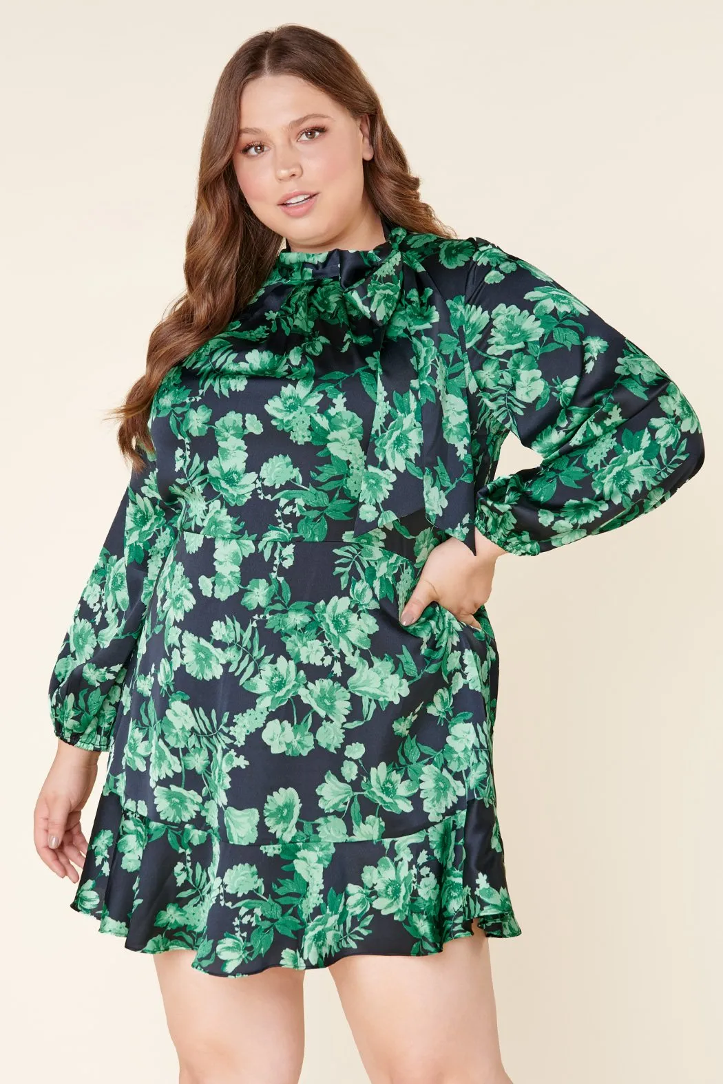 Botanica Tie Neck Ruffle Hem Dress Curve