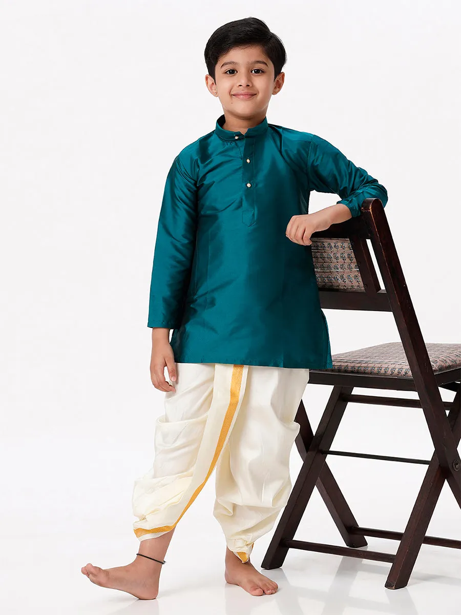 Boys Silk Cotton Full Sleeves Dark Green Kurta