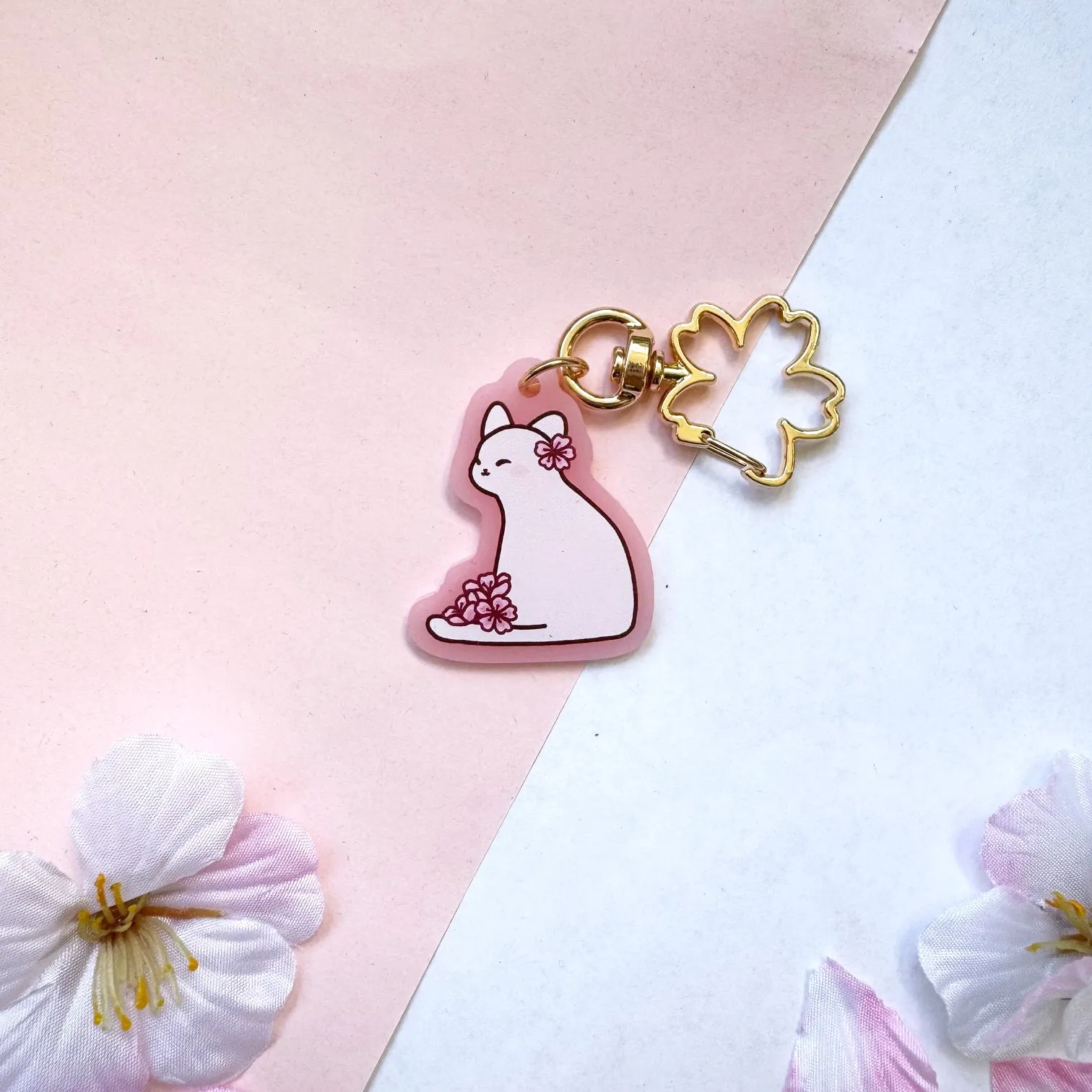 Cherry Blossom Cat Charm - Frosted Pink with Sakura Clasp