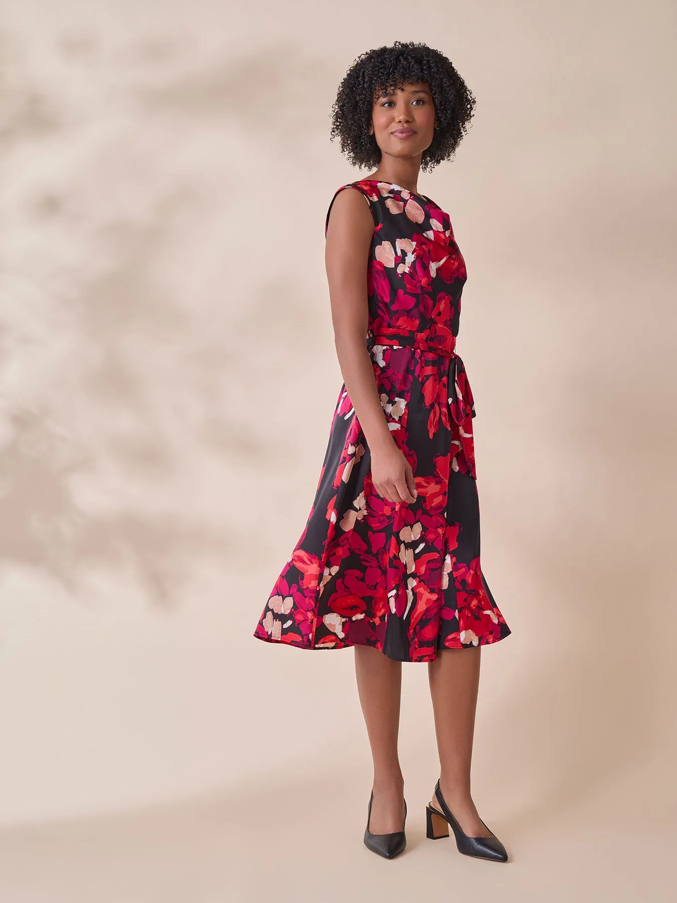 Cowl Neck Fit-and-Flare Dress, Floral Satin