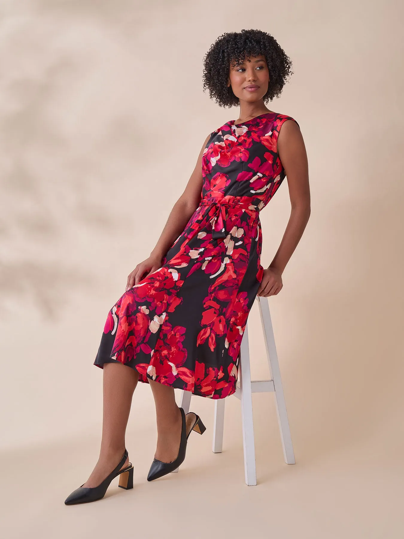 Cowl Neck Fit-and-Flare Dress, Floral Satin