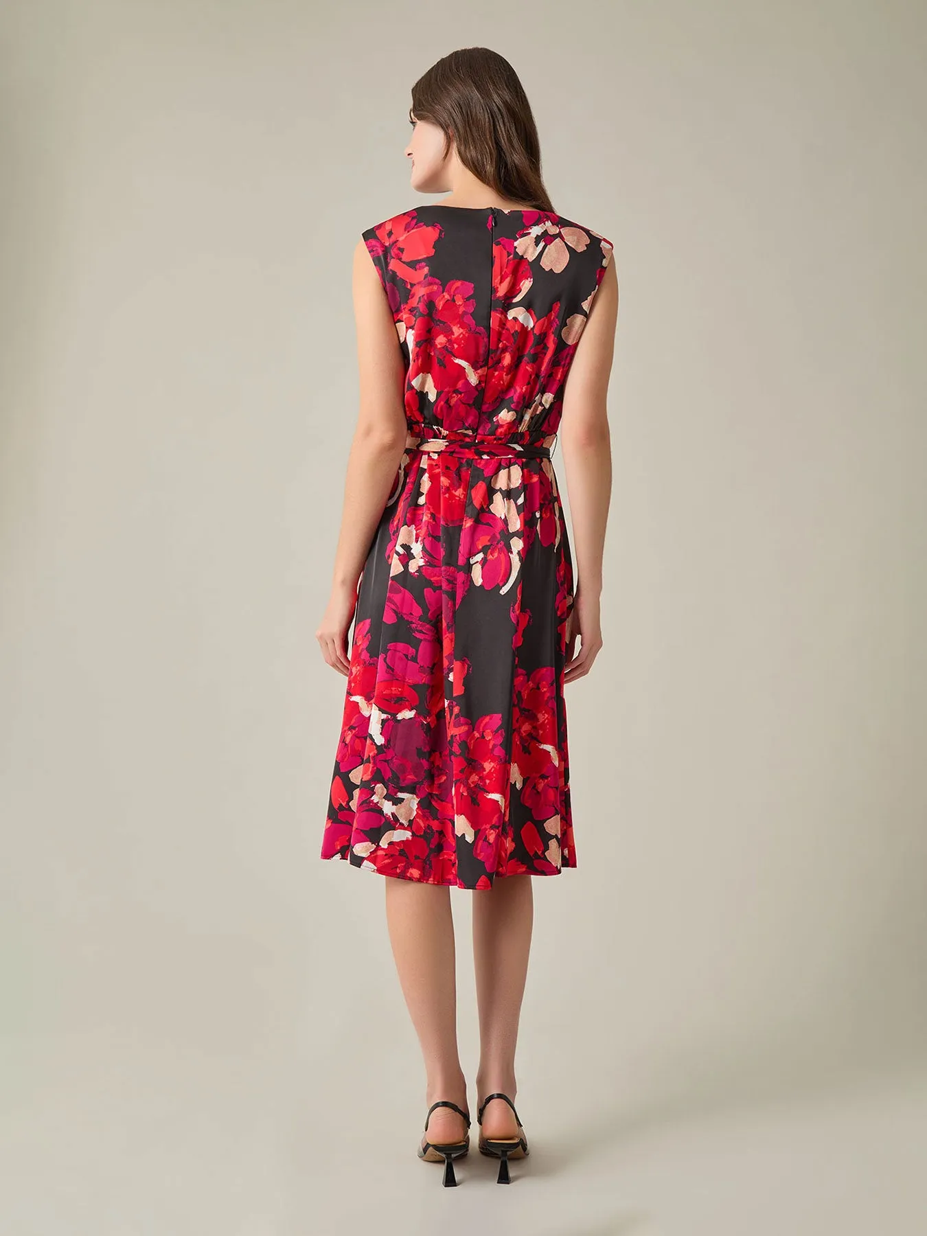 Cowl Neck Fit-and-Flare Dress, Floral Satin