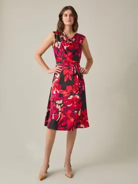 Cowl Neck Fit-and-Flare Dress, Floral Satin