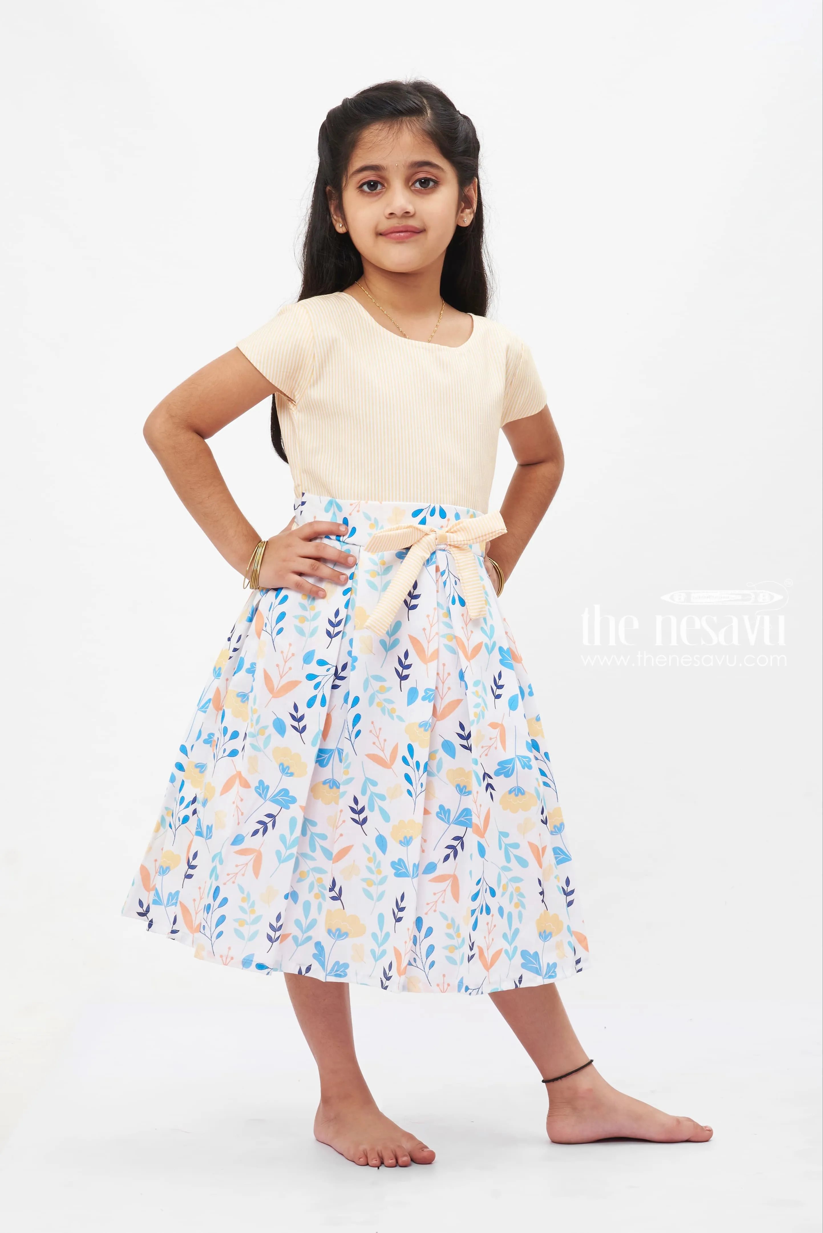 Creamy Pastel Floral Cotton Frock: Elegant Nature-Inspired Print for Girls