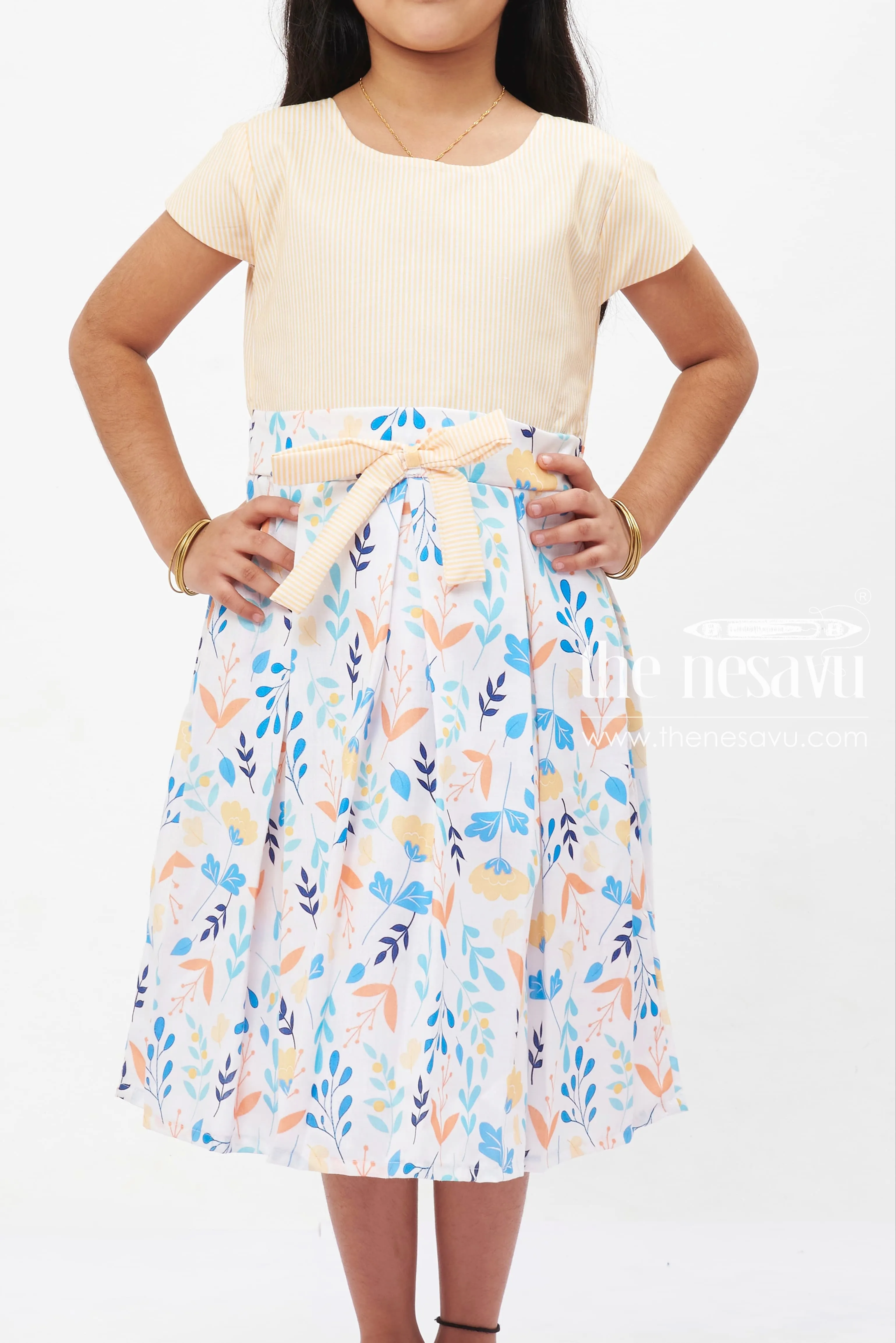 Creamy Pastel Floral Cotton Frock: Elegant Nature-Inspired Print for Girls