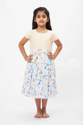 Creamy Pastel Floral Cotton Frock: Elegant Nature-Inspired Print for Girls