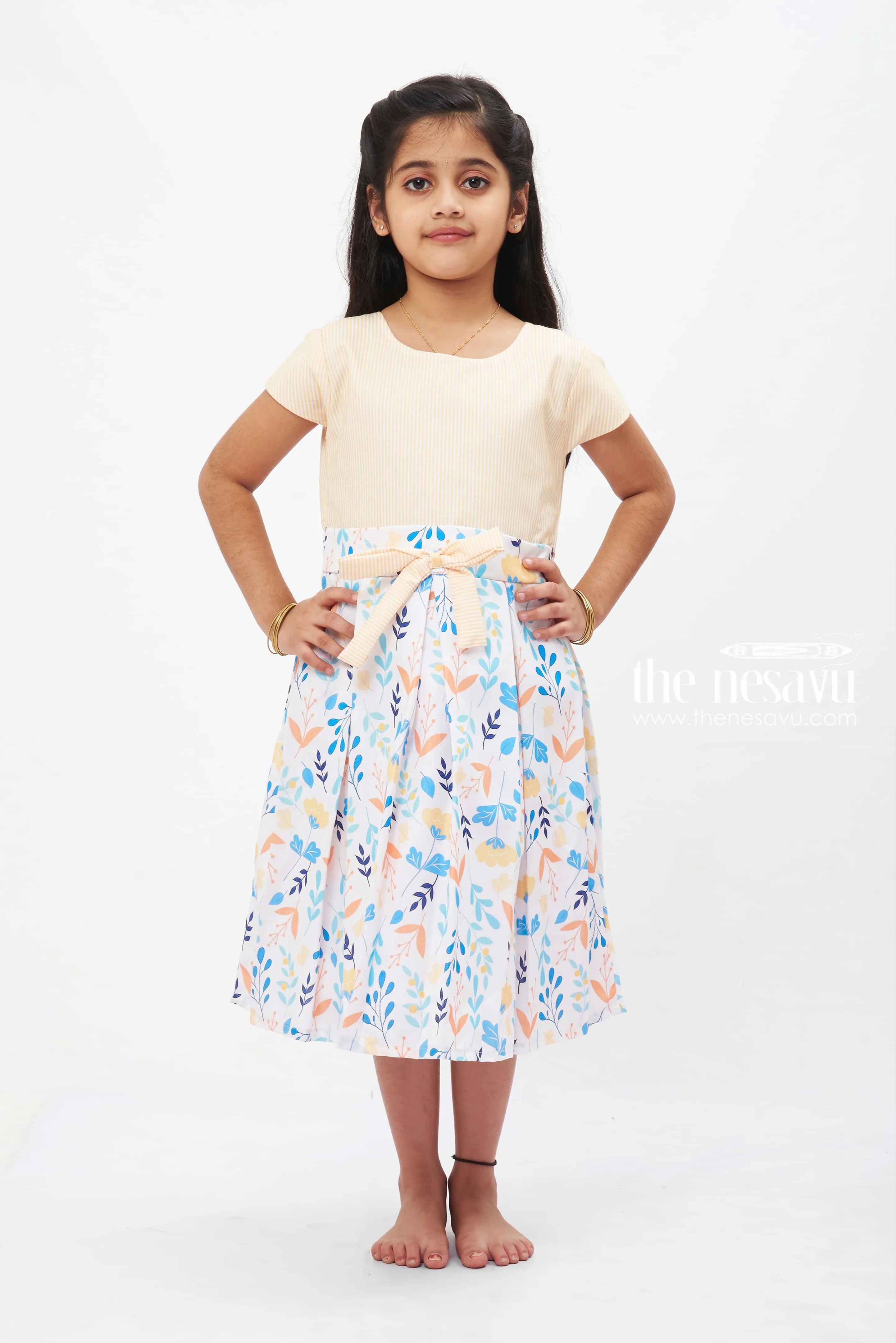 Creamy Pastel Floral Cotton Frock: Elegant Nature-Inspired Print for Girls