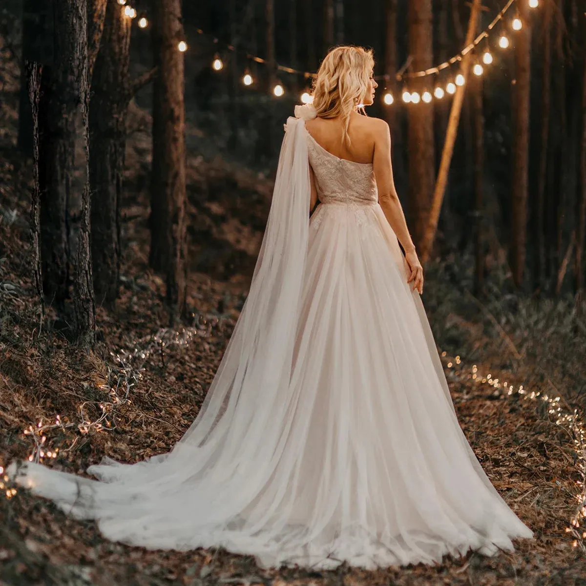 Custom One-Shoulder Ruched Tulle Beach Boho Wedding Dress with Beading & Floral Appliqué