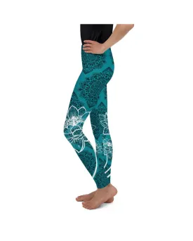 Cyan Blue Lotus Youth Leggings