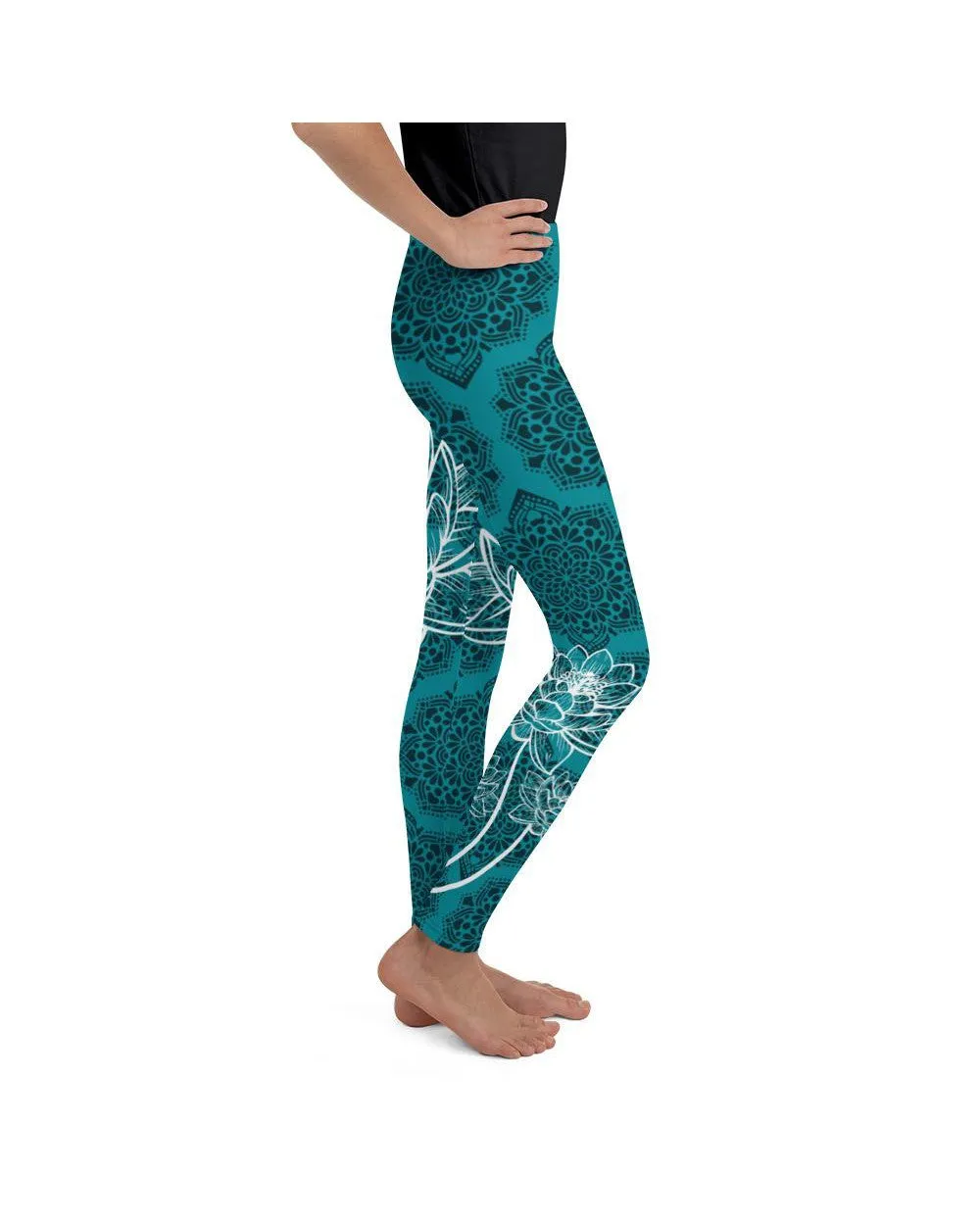 Cyan Blue Lotus Youth Leggings