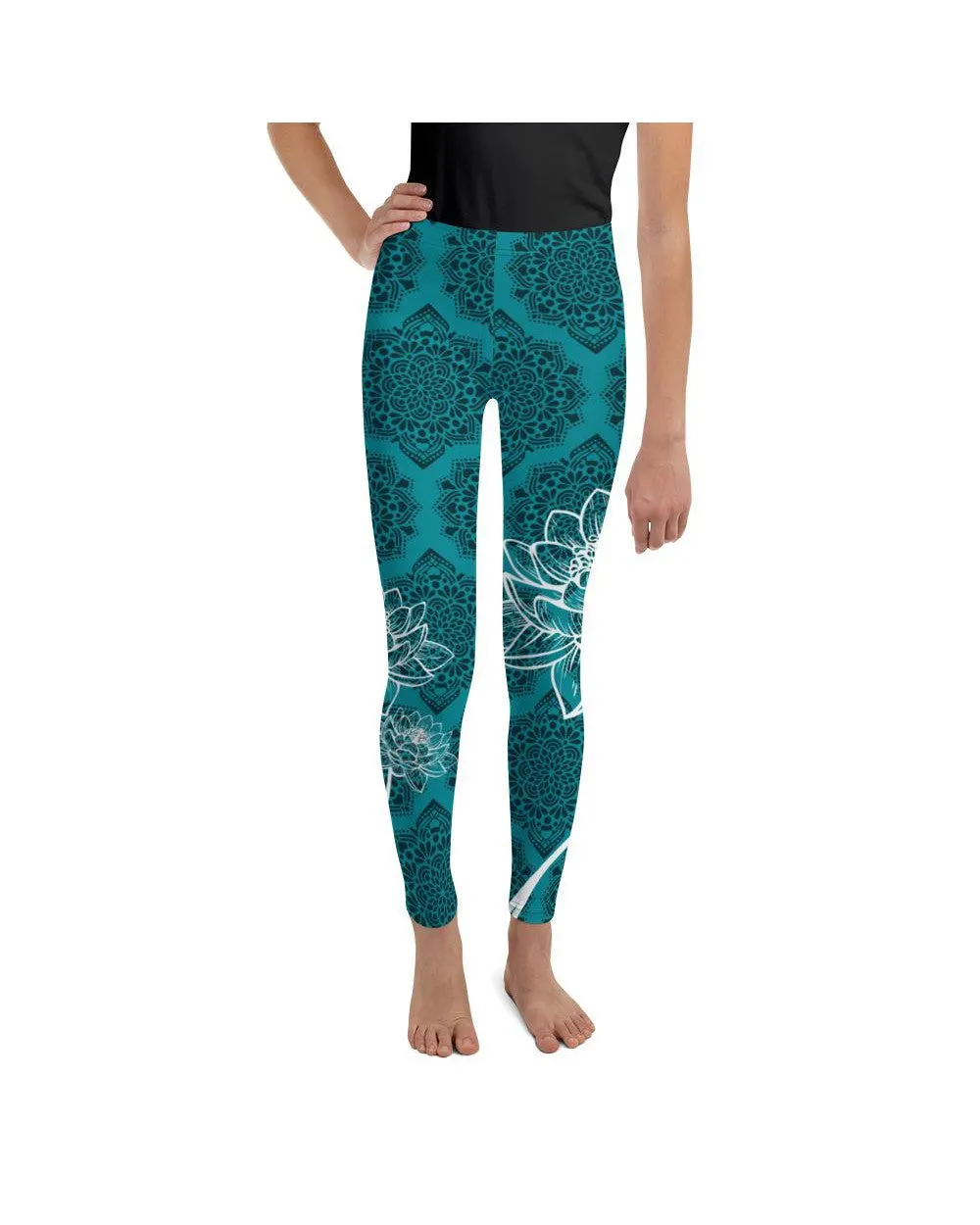 Cyan Blue Lotus Youth Leggings