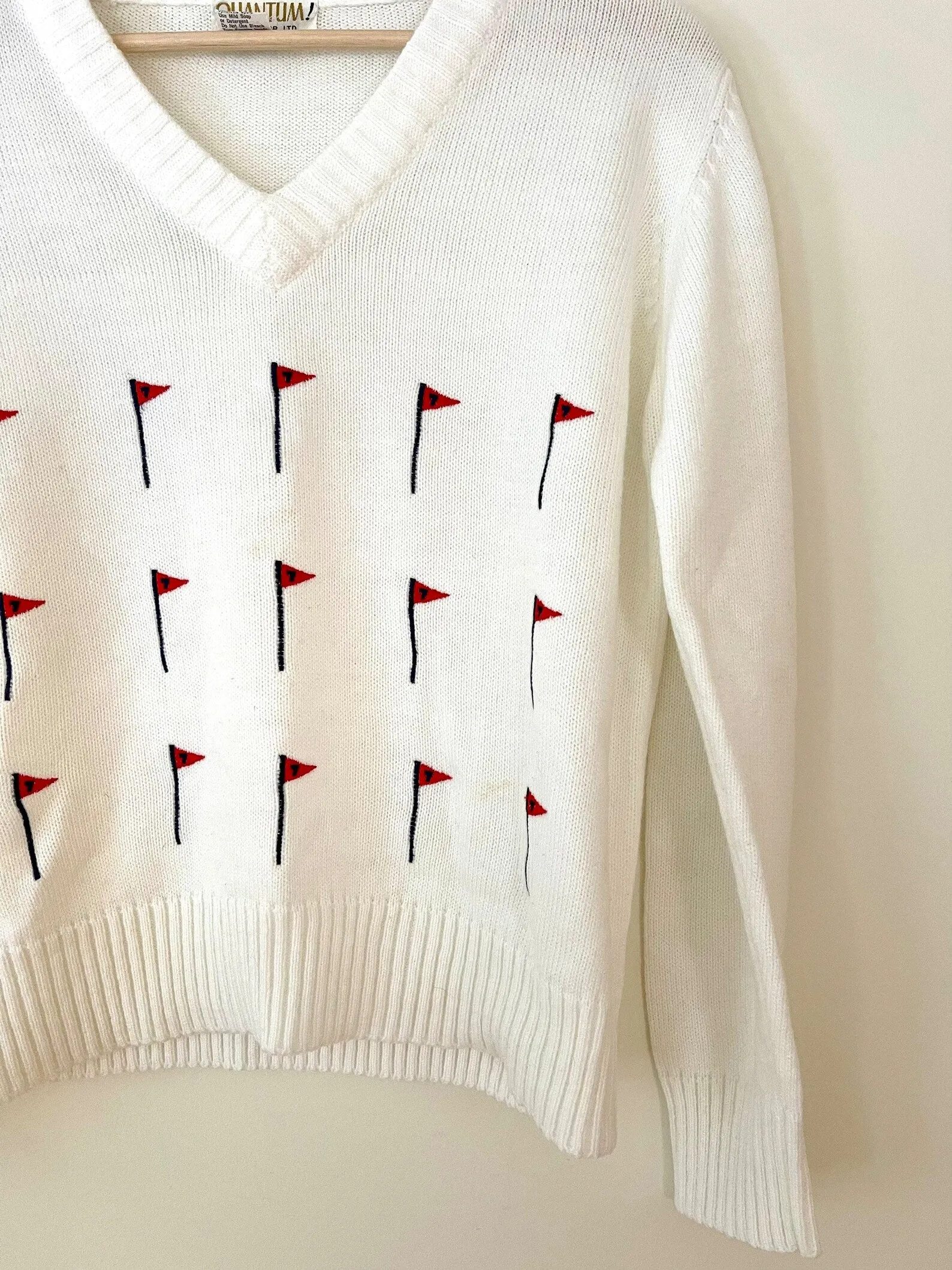 Delicately Embroidered Lucky #7 Flag V-Neck Sweater