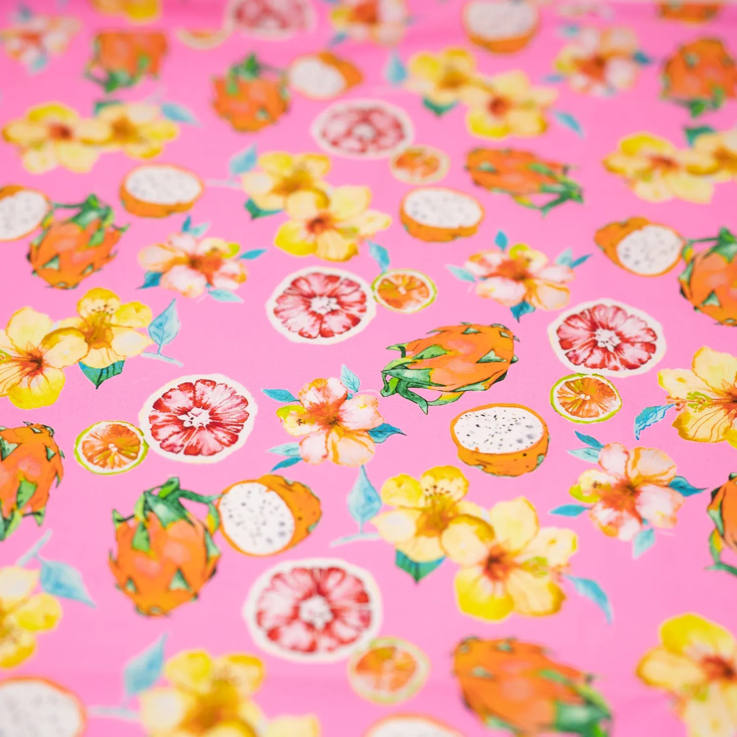 Exotic Fruits and Yellow Hibiscus Flowers on Pink Printed Spandex Fabric | Blue Moon Fabrics