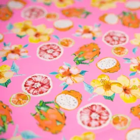 Exotic Fruits and Yellow Hibiscus Flowers on Pink Printed Spandex Fabric | Blue Moon Fabrics