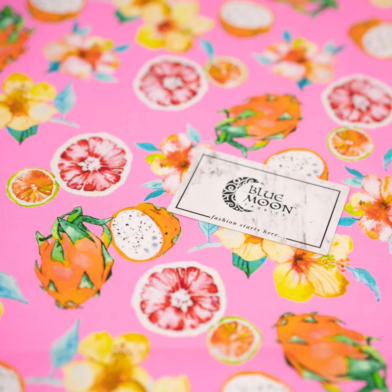 Exotic Fruits and Yellow Hibiscus Flowers on Pink Printed Spandex Fabric | Blue Moon Fabrics