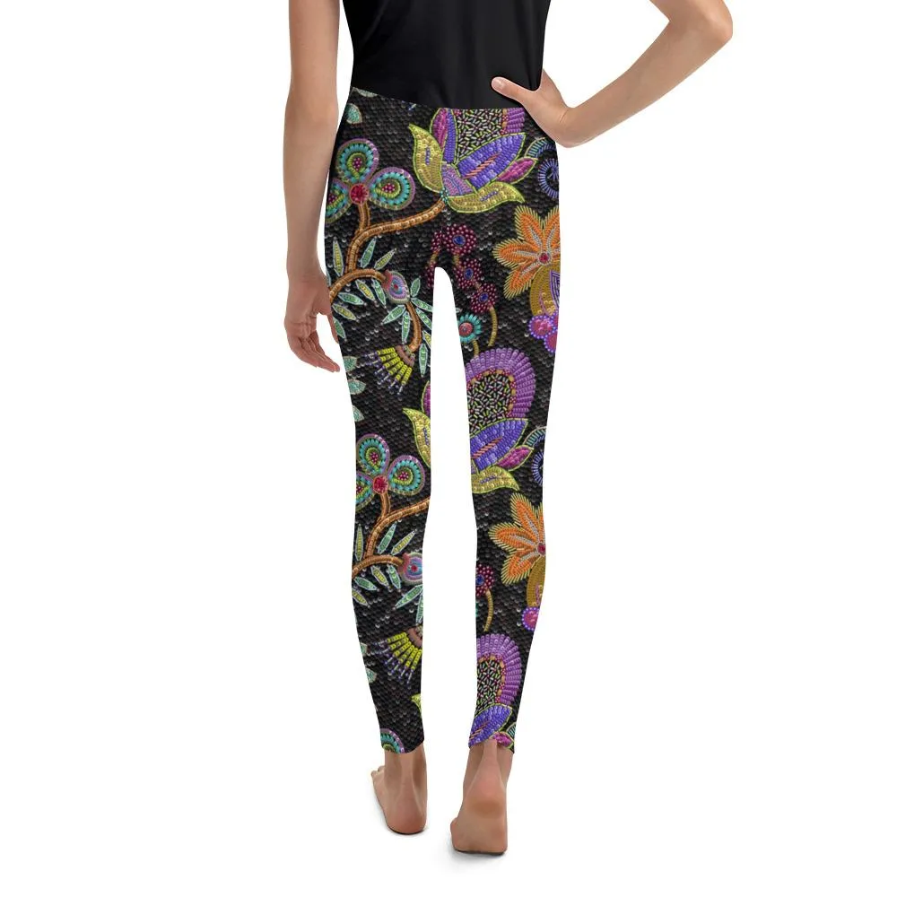 Faux Paillette Flower Youth Leggings