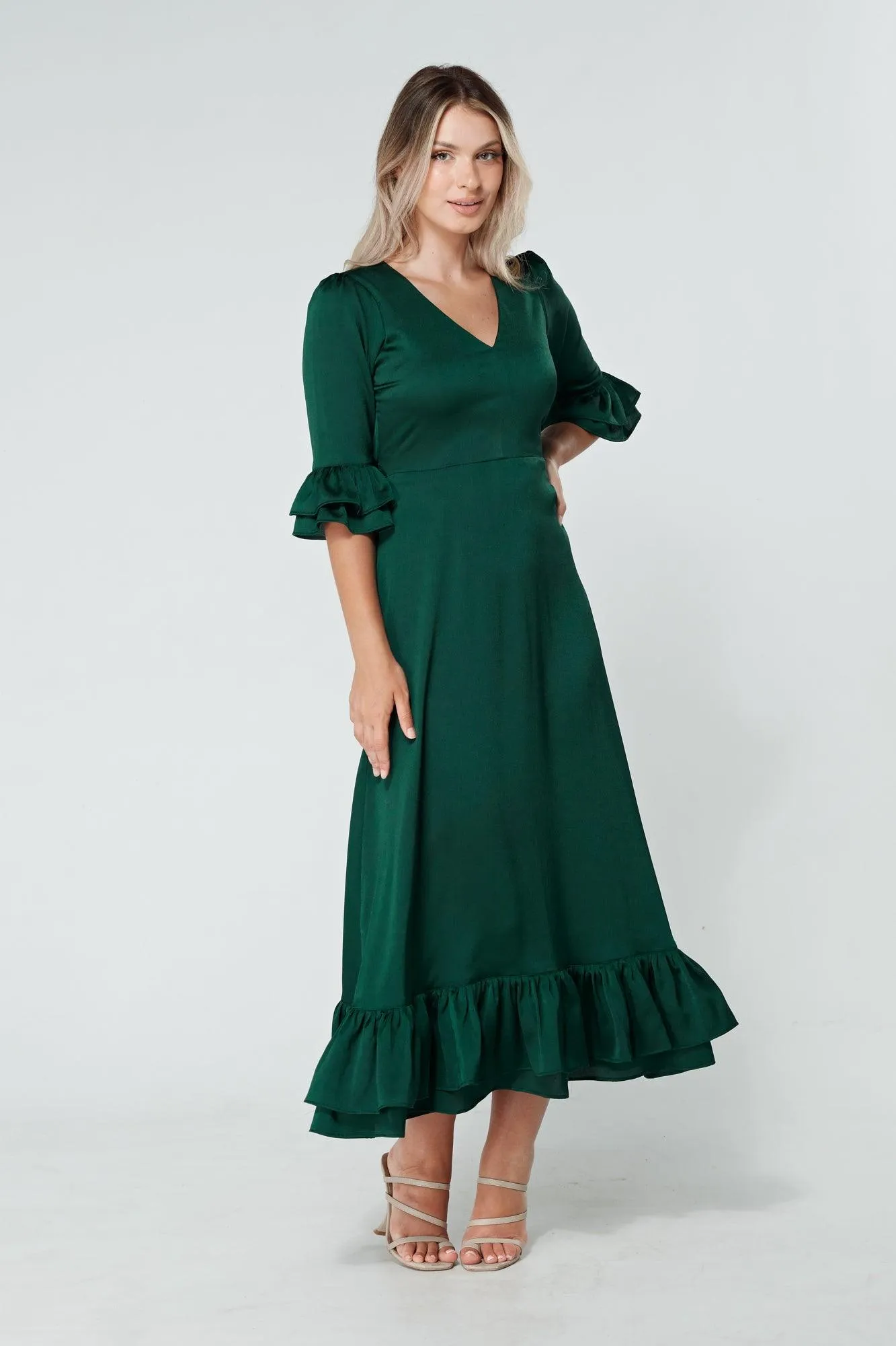 Francesca Frilled Hem Satin-Feel Dark Green Midaxi Dress