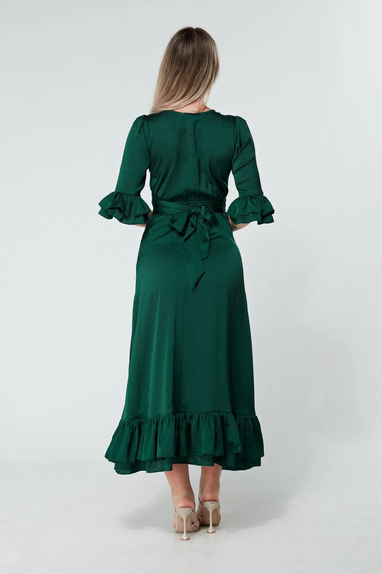 Francesca Frilled Hem Satin-Feel Dark Green Midaxi Dress