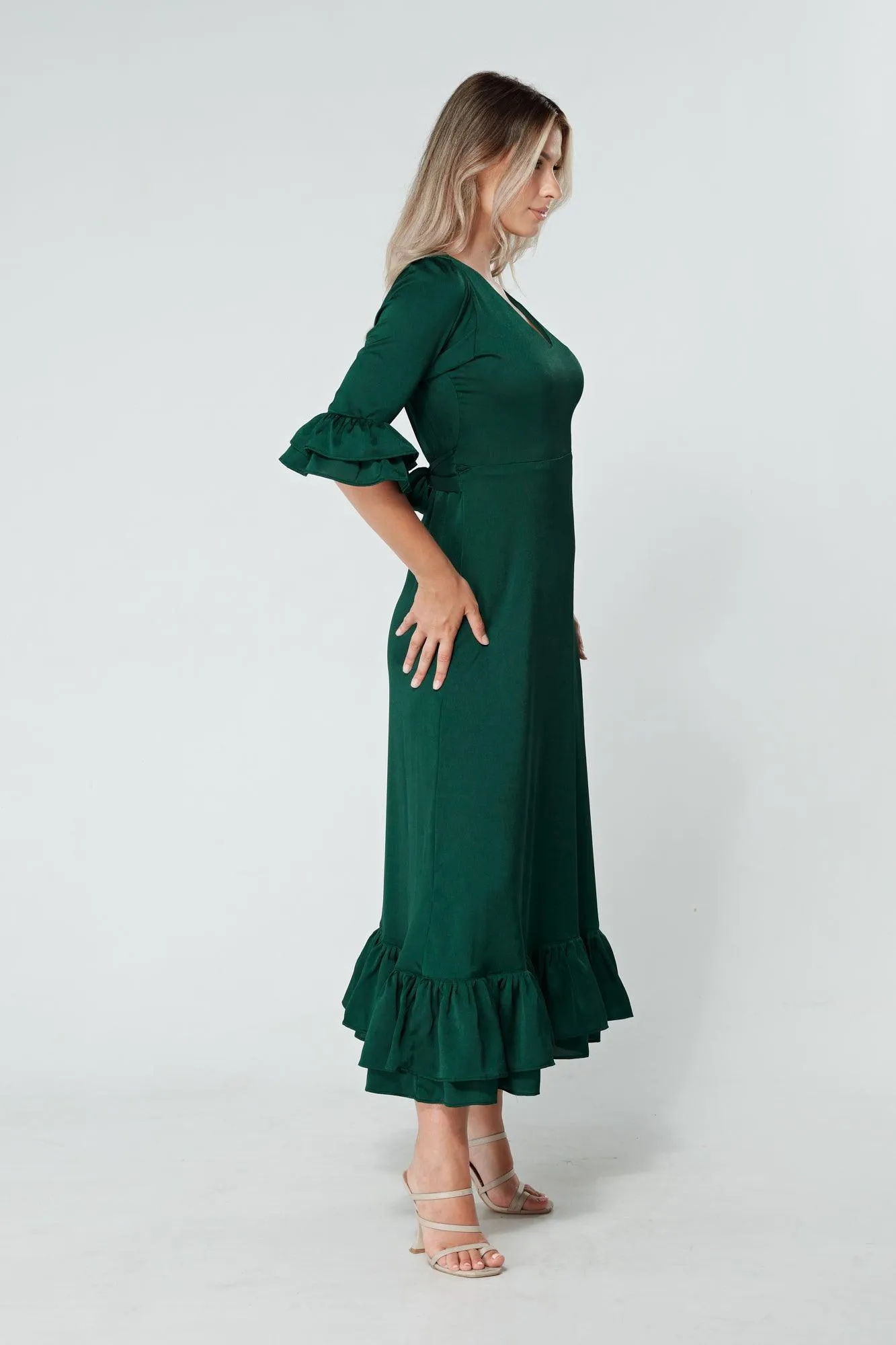 Francesca Frilled Hem Satin-Feel Dark Green Midaxi Dress