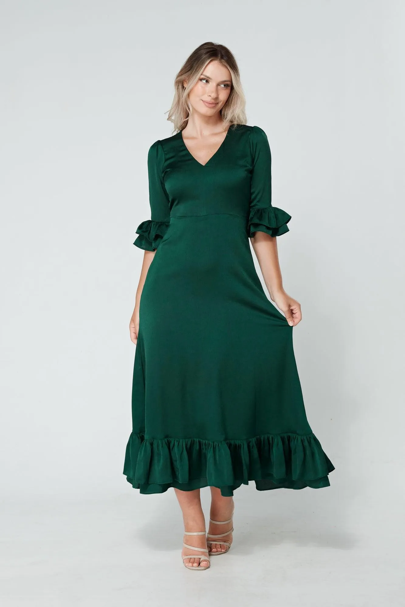 Francesca Frilled Hem Satin-Feel Dark Green Midaxi Dress