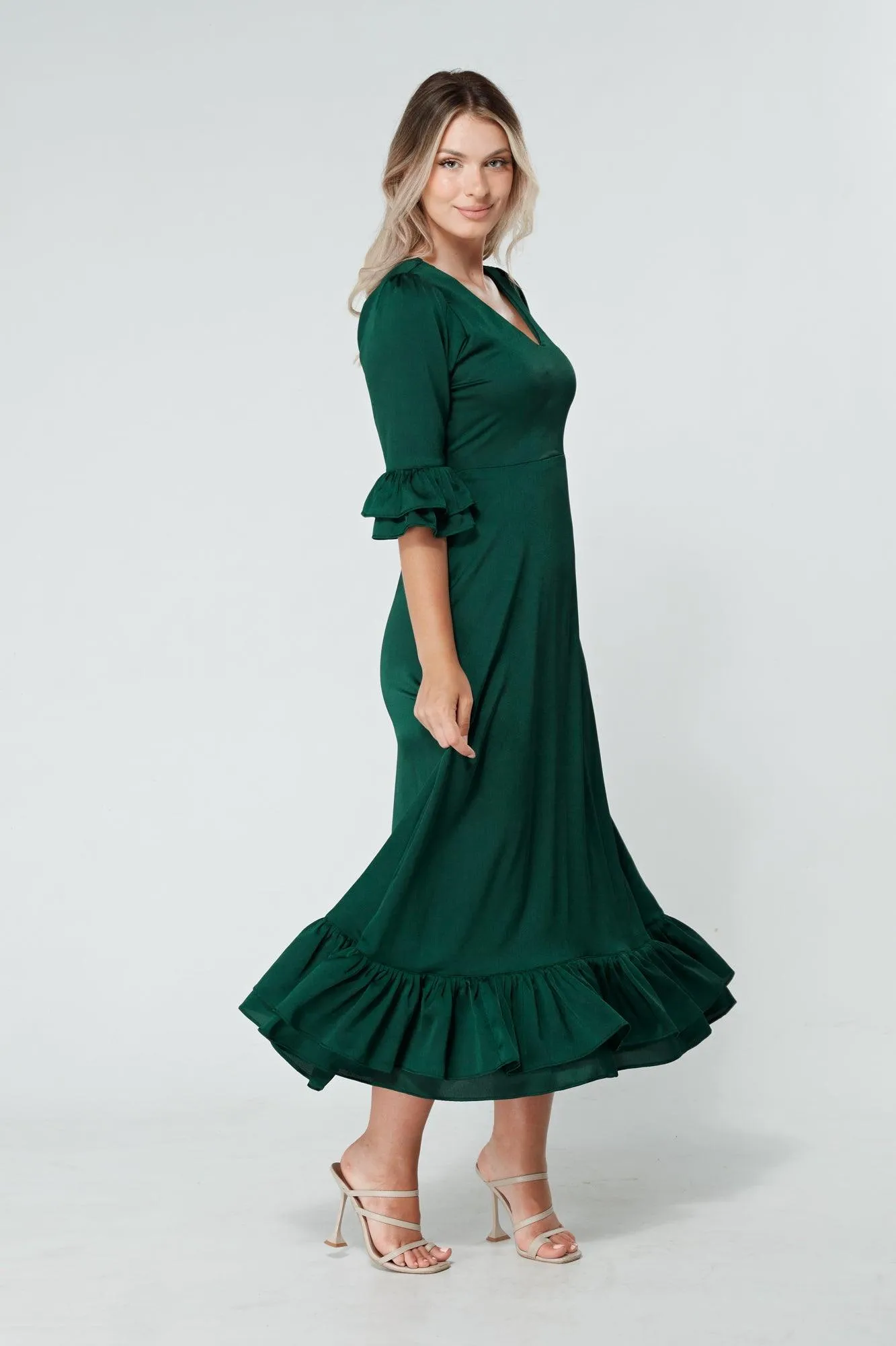 Francesca Frilled Hem Satin-Feel Dark Green Midaxi Dress