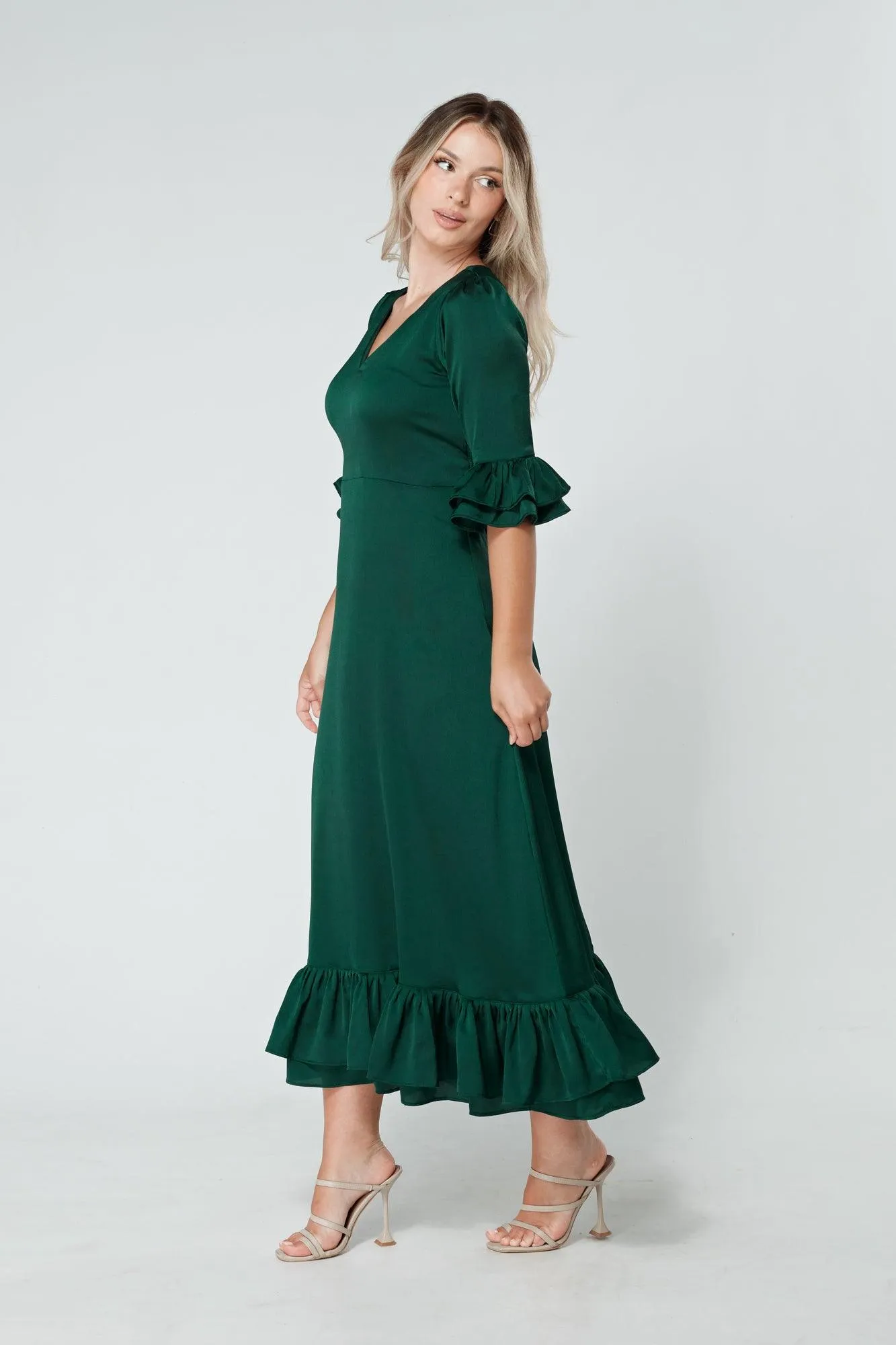 Francesca Frilled Hem Satin-Feel Dark Green Midaxi Dress