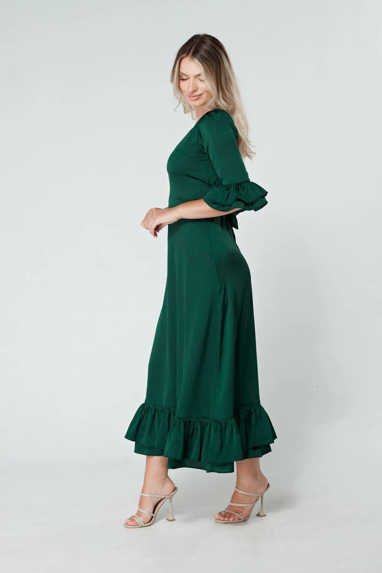 Francesca Frilled Hem Satin-Feel Dark Green Midaxi Dress