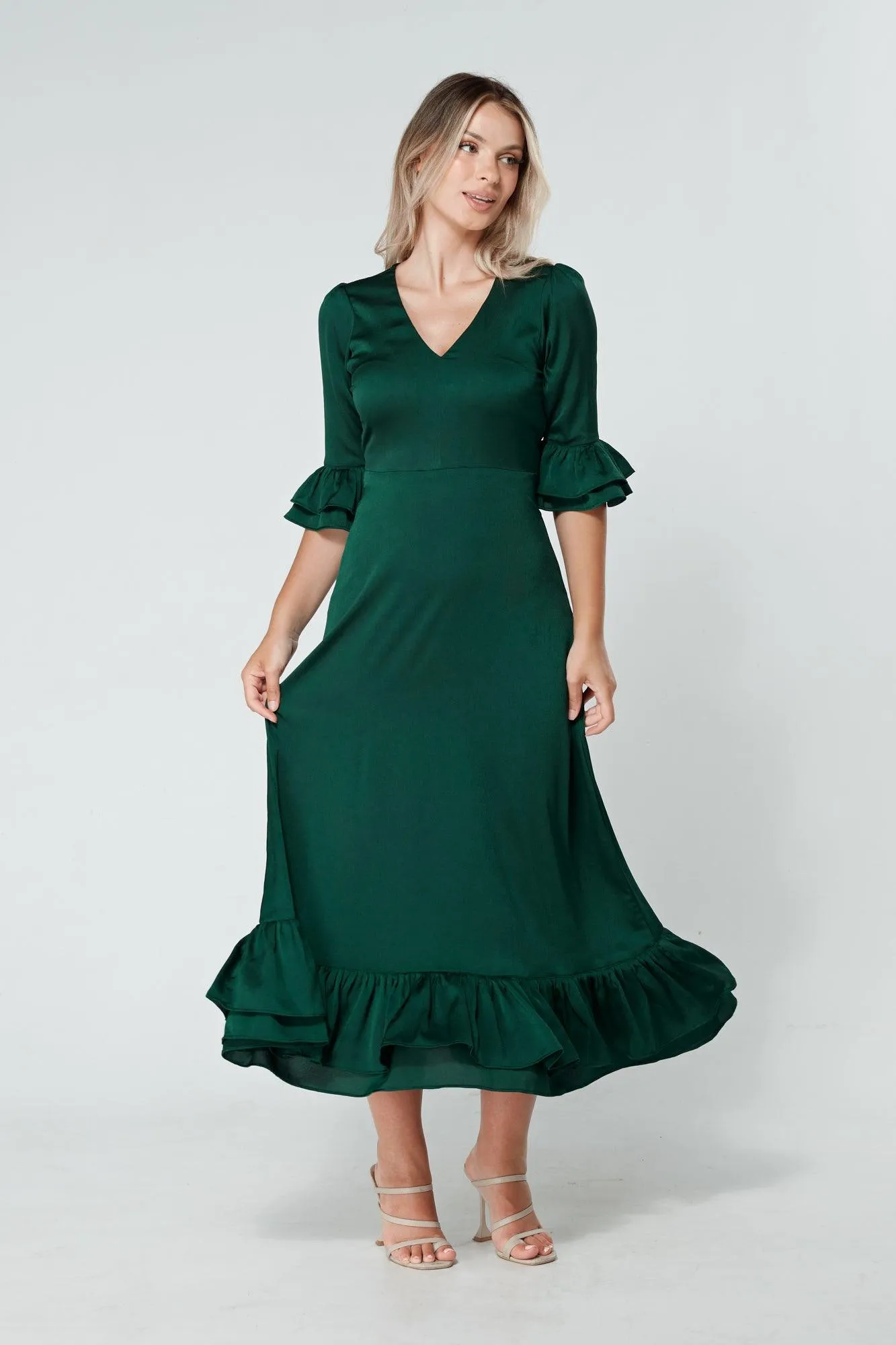 Francesca Frilled Hem Satin-Feel Dark Green Midaxi Dress