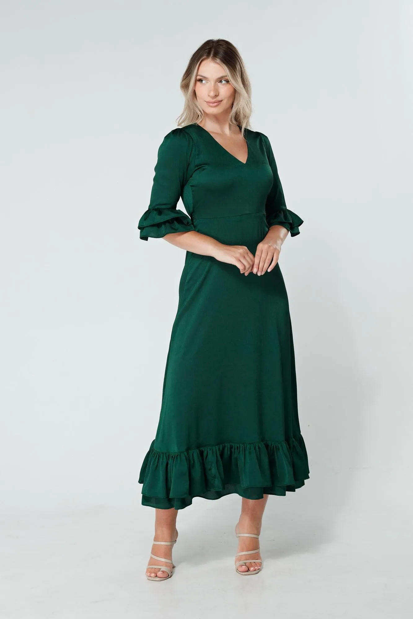 Francesca Frilled Hem Satin-Feel Dark Green Midaxi Dress