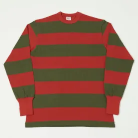 Freewheelers Horizontal Stripe Set-In Long Sleeve Tee - Red/Olive