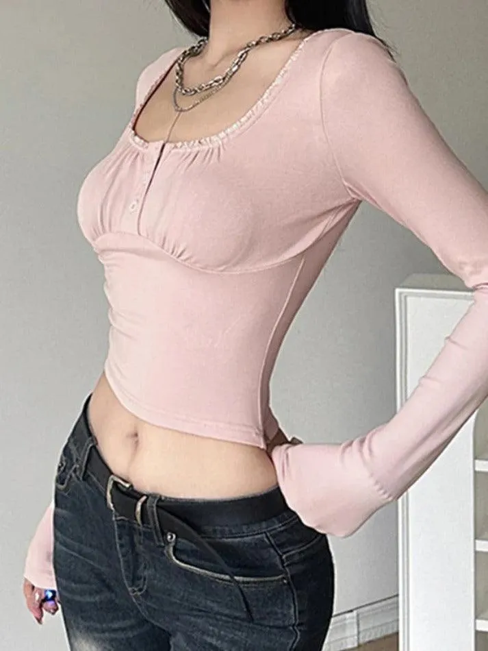 Frill Trim Square Neck Long Sleeve Tee