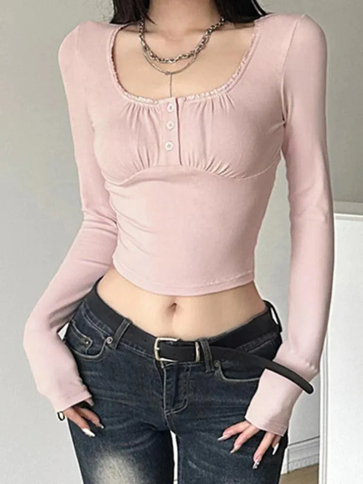 Frill Trim Square Neck Long Sleeve Tee