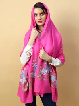 Fuschia Pink Shawl, Pure Pashmina Shawl with Hand Embroidered Lotus Garden Pattern