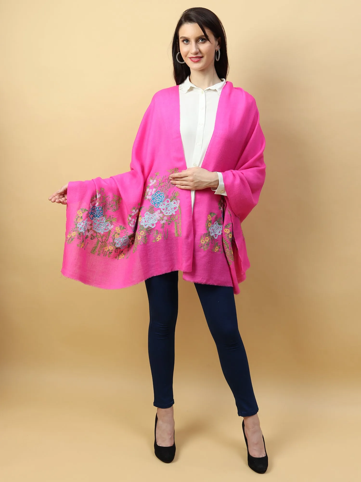 Fuschia Pink Shawl, Pure Pashmina Shawl with Hand Embroidered Lotus Garden Pattern