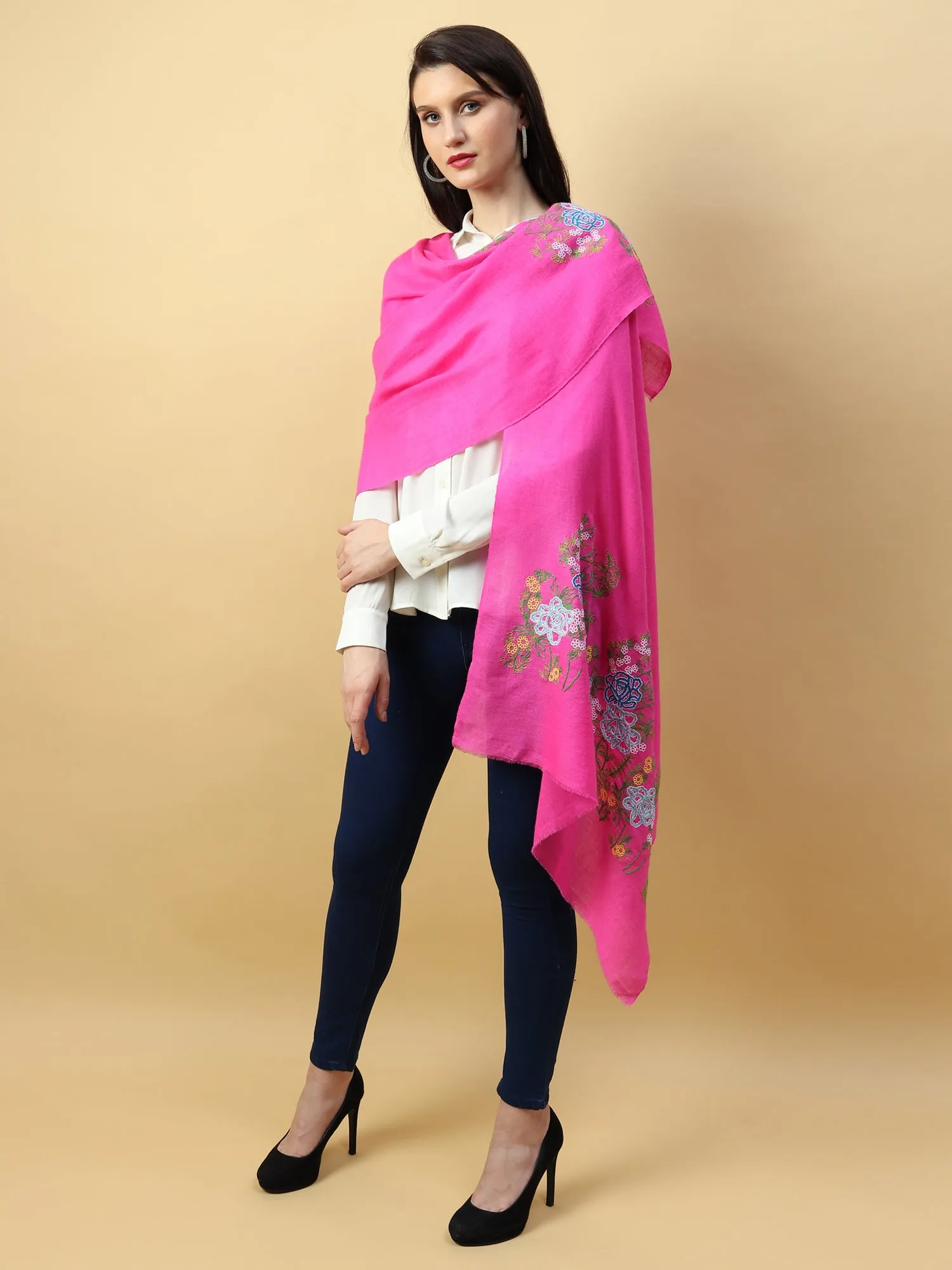 Fuschia Pink Shawl, Pure Pashmina Shawl with Hand Embroidered Lotus Garden Pattern