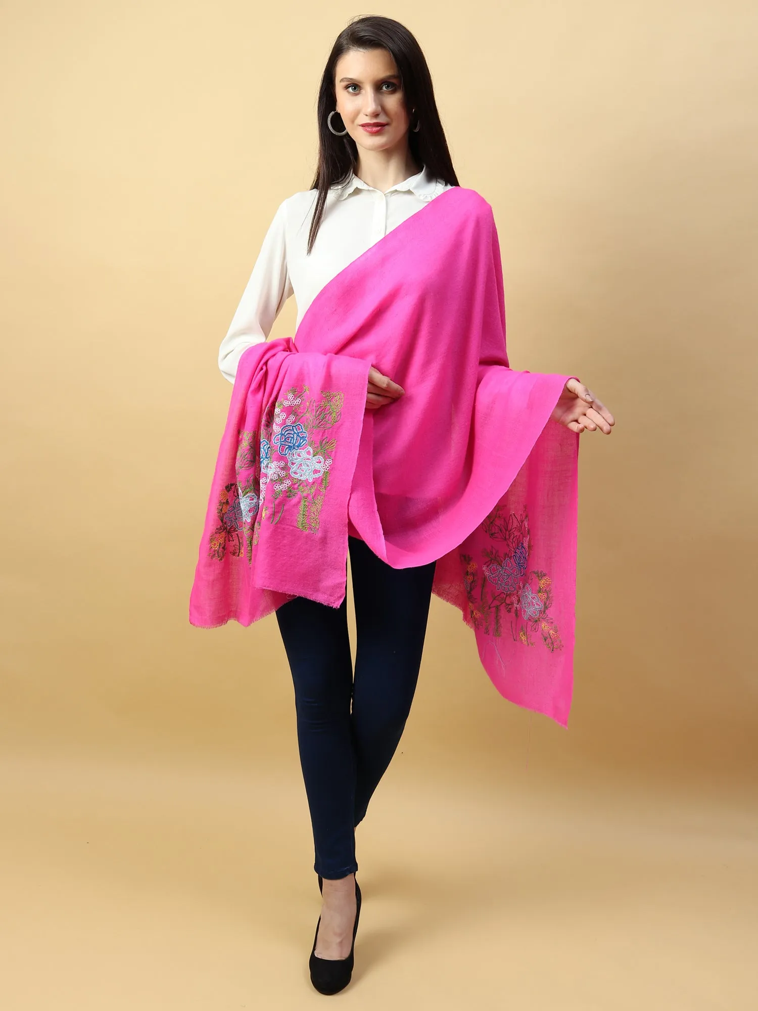 Fuschia Pink Shawl, Pure Pashmina Shawl with Hand Embroidered Lotus Garden Pattern