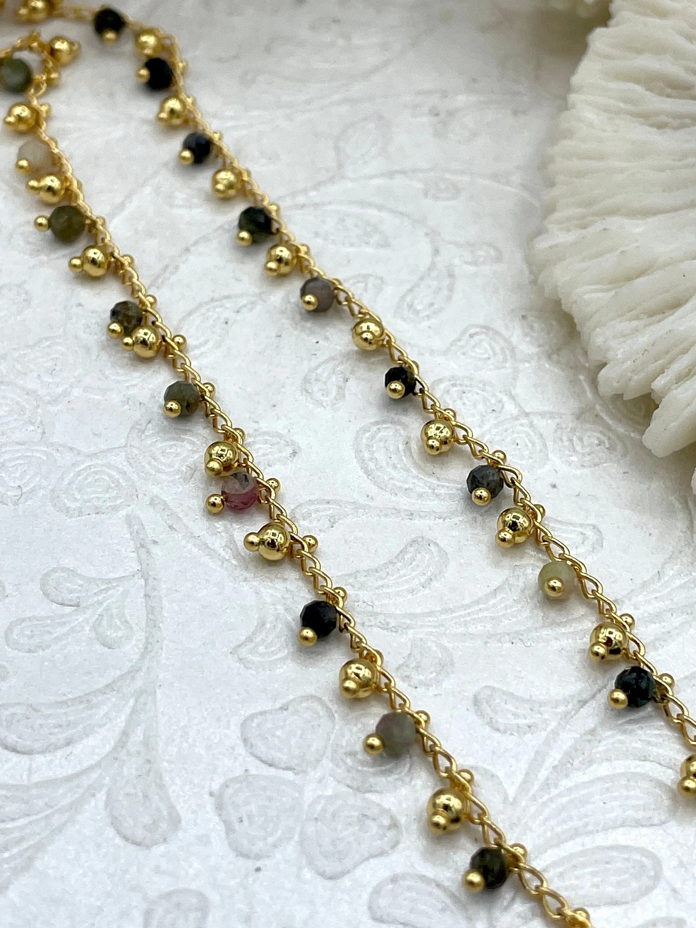 Gold Chain with Small Stones, Dainty 18K Gold Plated Chain, Round Faceted Stones, 18K Gold Plated Brass, Sold By the Foot, Fast Ship