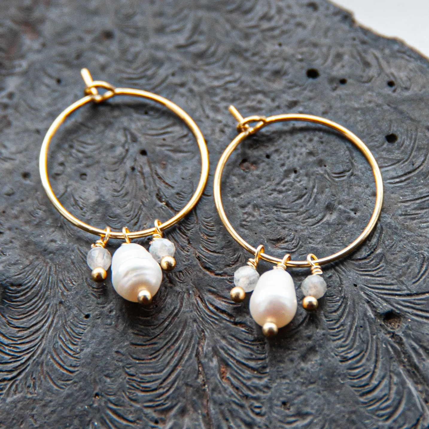 Gold w/ White and Light Blue Stone Hoop Earrings