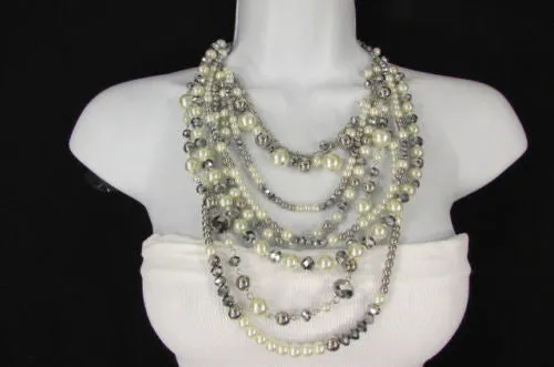 Gray Cream Imitation Pearl Beads 7 Strands Chains 15" Long Necklace