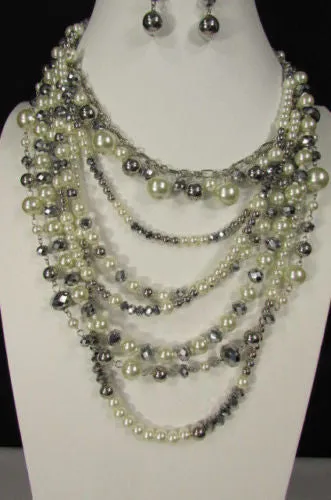 Gray Cream Imitation Pearl Beads 7 Strands Chains 15" Long Necklace