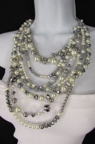 Gray Cream Imitation Pearl Beads 7 Strands Chains 15" Long Necklace