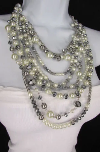 Gray Cream Imitation Pearl Beads 7 Strands Chains 15" Long Necklace