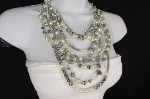 Gray Cream Imitation Pearl Beads 7 Strands Chains 15" Long Necklace