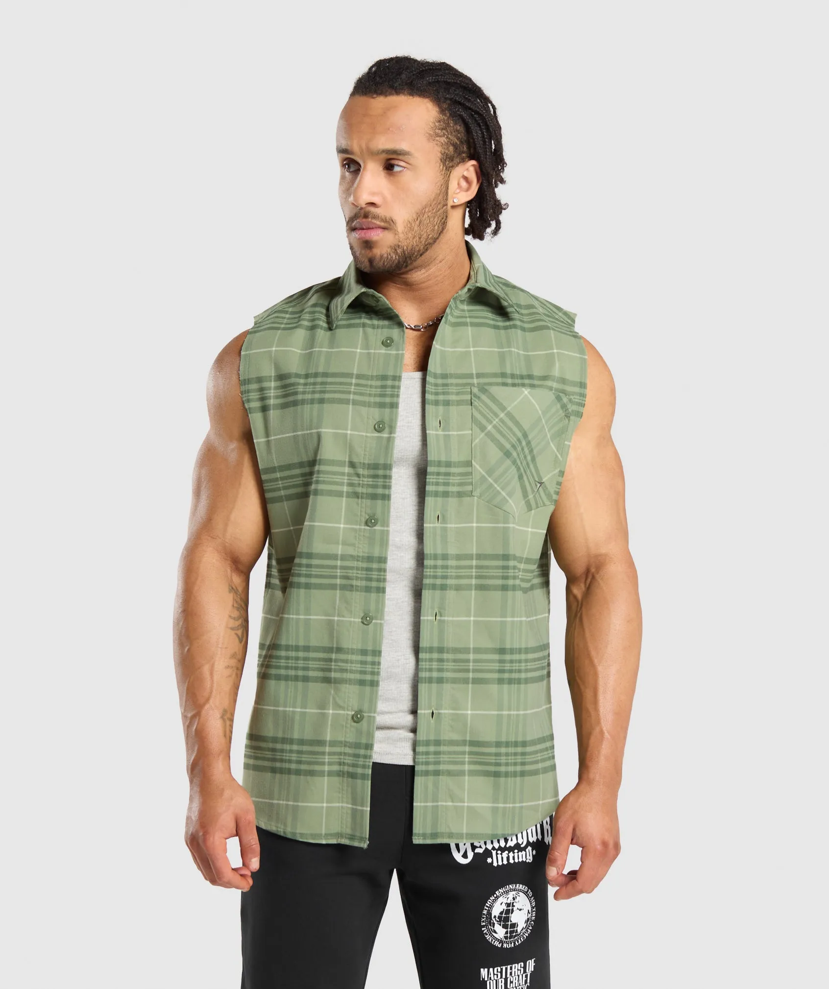 Gymshark Check Sleeveless Shirt - Natural Sage Green